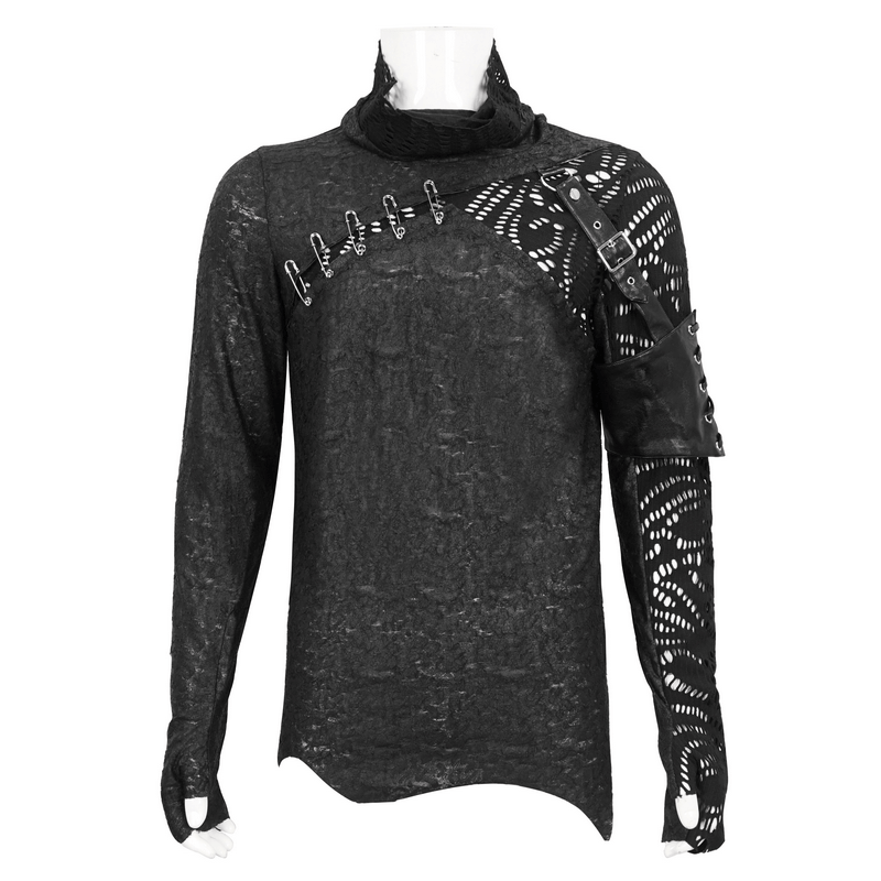 Gothic mesh asymmetrical top with pins and sleeve garter, featuring extended sleeves in black.
