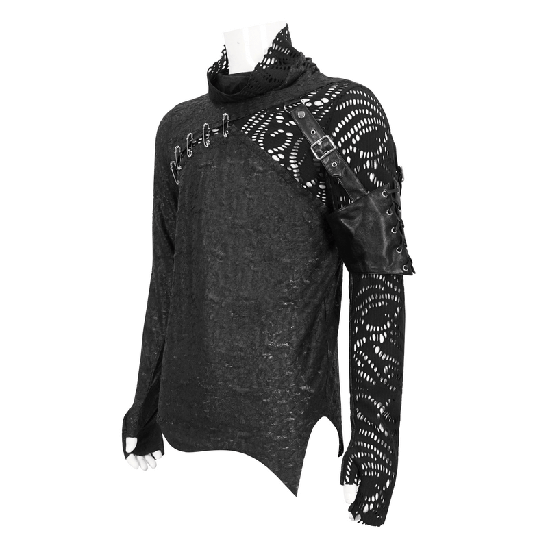 Gothic mesh asymmetrical top with pins and sleeve garter, featuring extended sleeves in bold black fabric.