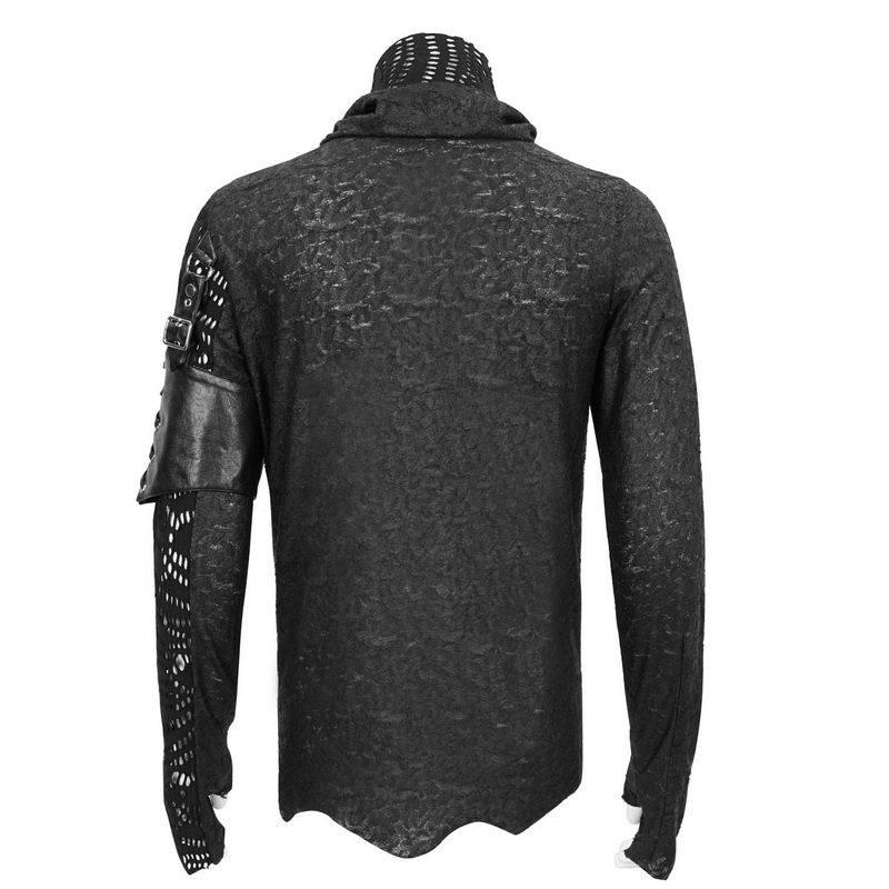 Back view of Gothic mesh asymmetrical top with sleeve garter, black clothing showcasing intricate design and extended sleeves.