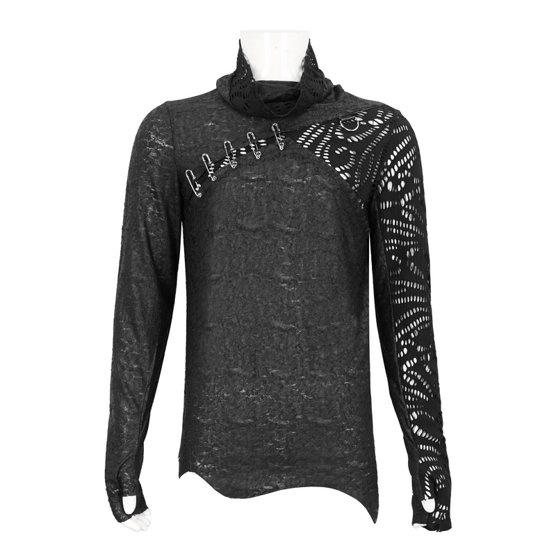 Gothic mesh asymmetrical top with pins and extended sleeves in black, perfect for a unique wardrobe.