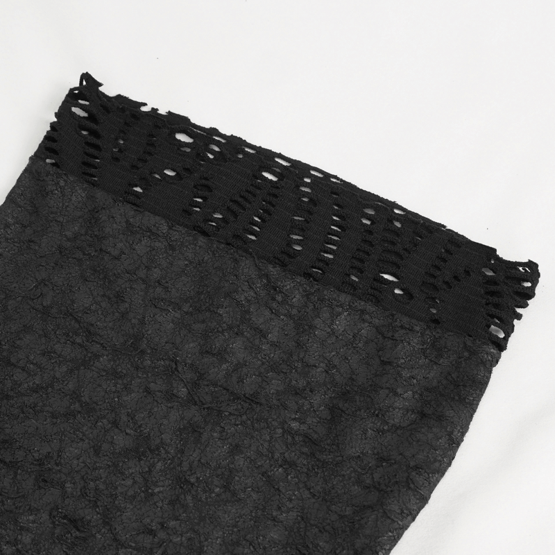 Close-up of gothic mesh asymmetrical top sleeve with stylish lace trim and intricate black detailing.