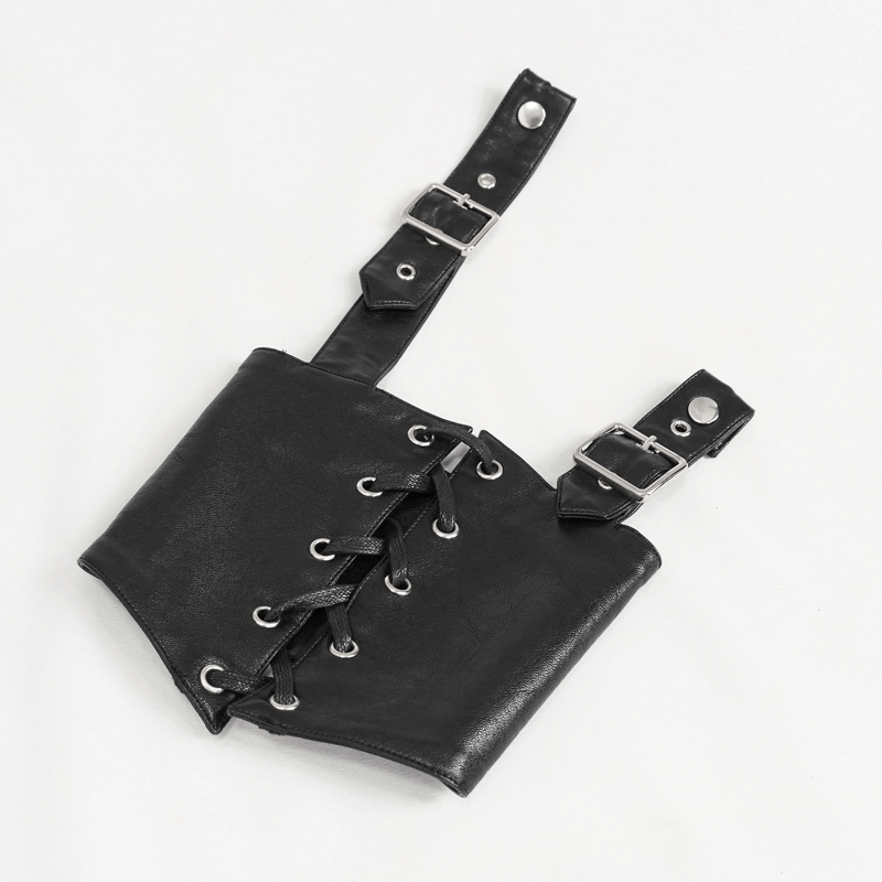 Gothic black leather sleeve garter with laces and buckles, perfect for adding edgy style to outfits.