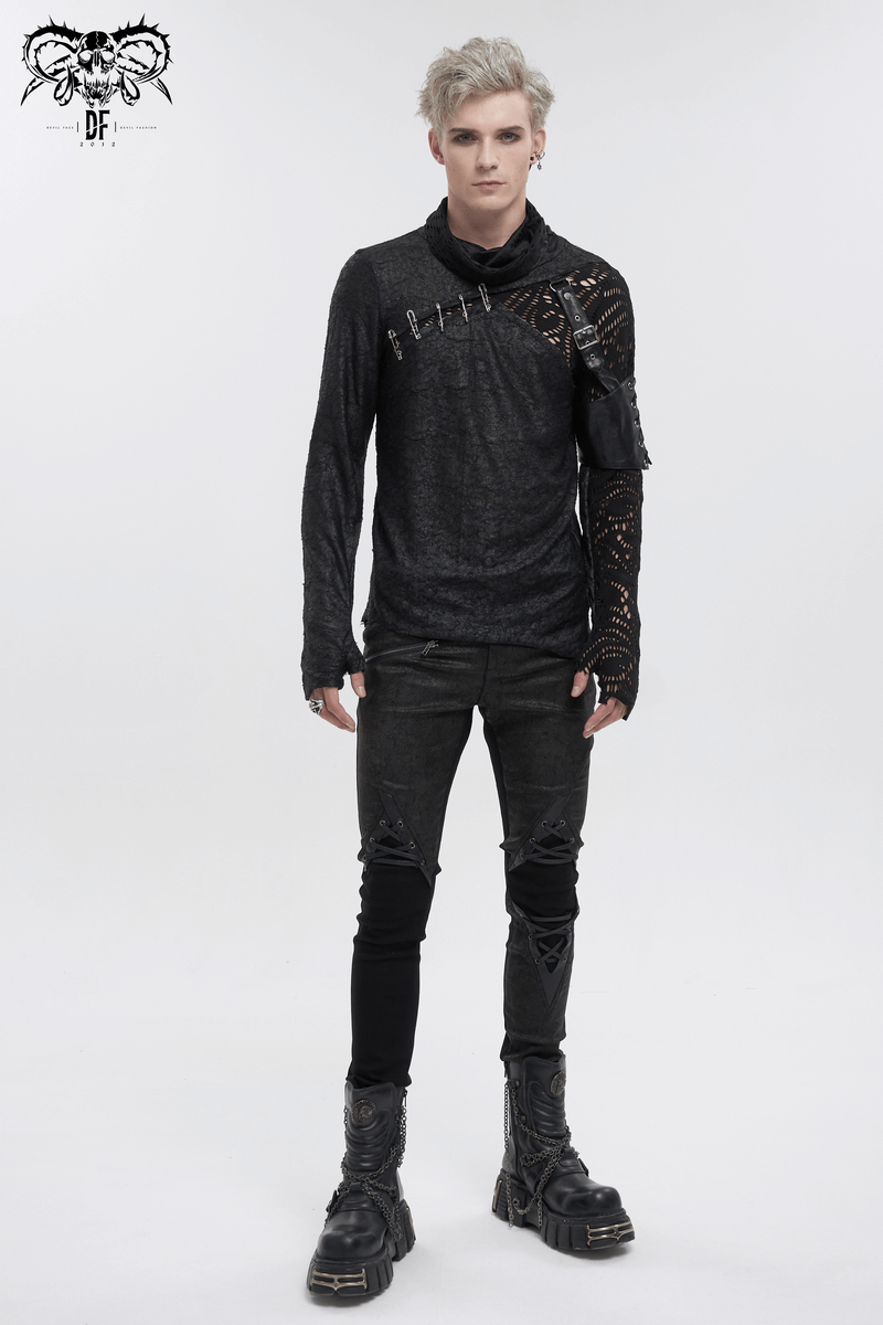 Gothic mesh asymmetrical top with pins and sleeve garter, extended sleeves in a bold black style.