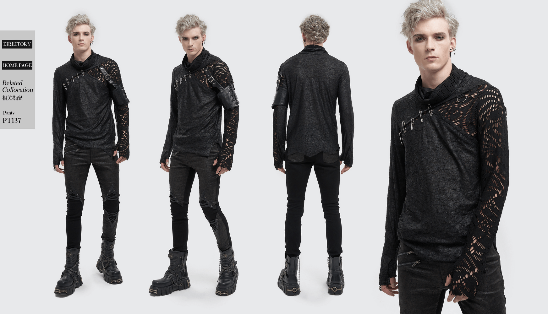 Gothic mesh asymmetrical top with extended sleeves and pins, featuring a stylish sleeve garter in black.