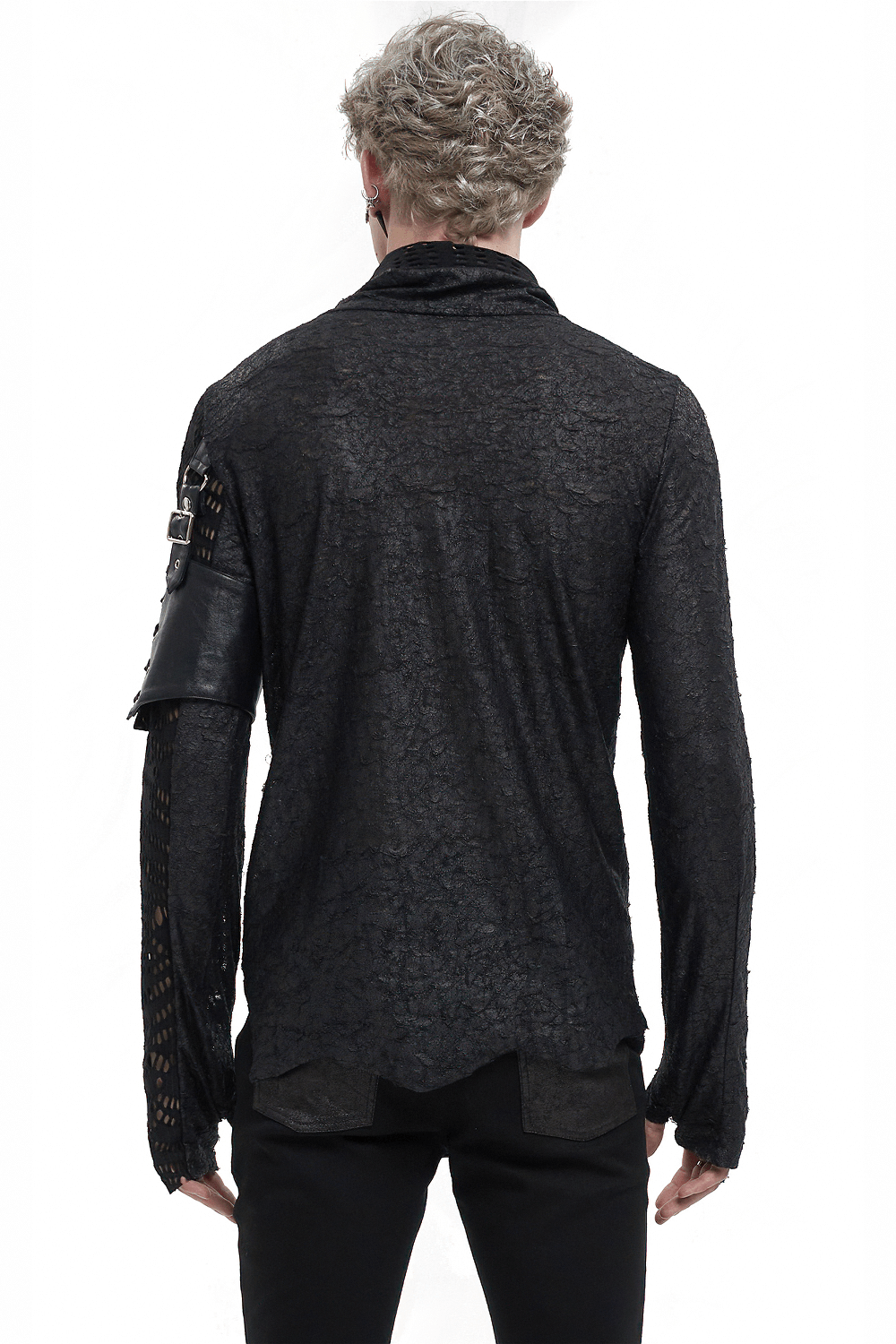 Back view of a gothic mesh asymmetrical top with sleeve garter and extended sleeves in black.