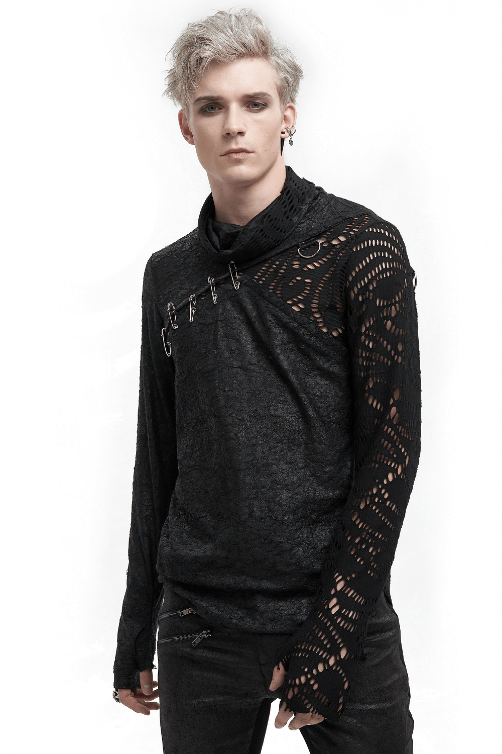 Gothic mesh asymmetrical top with pins and sleeve garter, featuring extended sleeves and a unique black design.