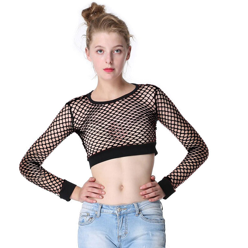 Black mesh long sleeve crop top showing feminine style, perfect for alternative rock or goth outfits.