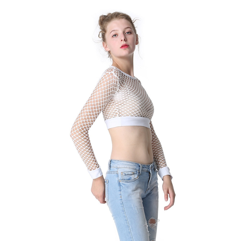 Stylish women's mesh fishnet long sleeve crop top, perfect for rock and goth outfits, showcasing a trendy see-through design.