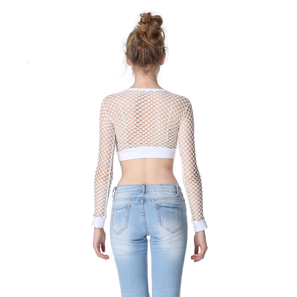 Mesh Fishnet Tops / Women's Hollow Out Net Long Sleeve Crop Top / See-Through Female Top - HARD'N'HEAVY