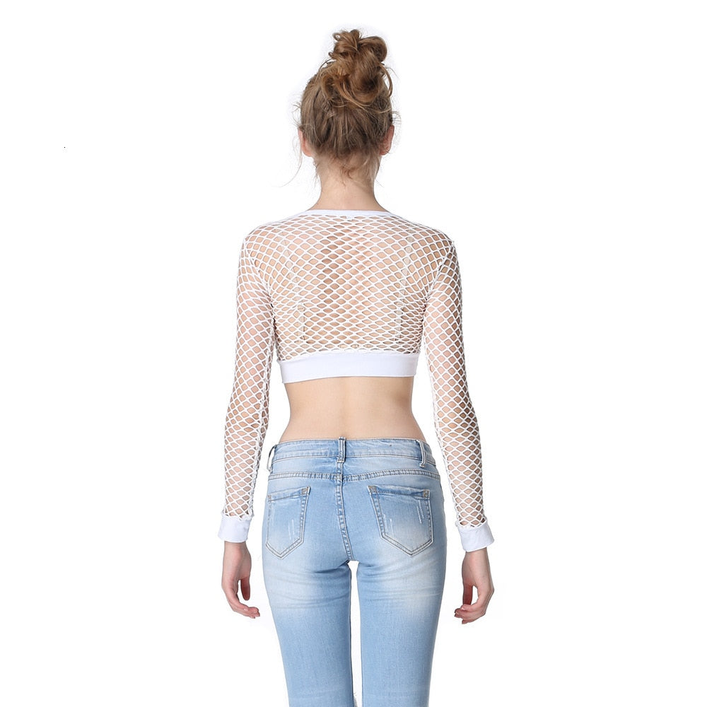 Back view of a women's mesh fishnet long sleeve crop top, styled with light blue jeans, perfect for alternative fashion.