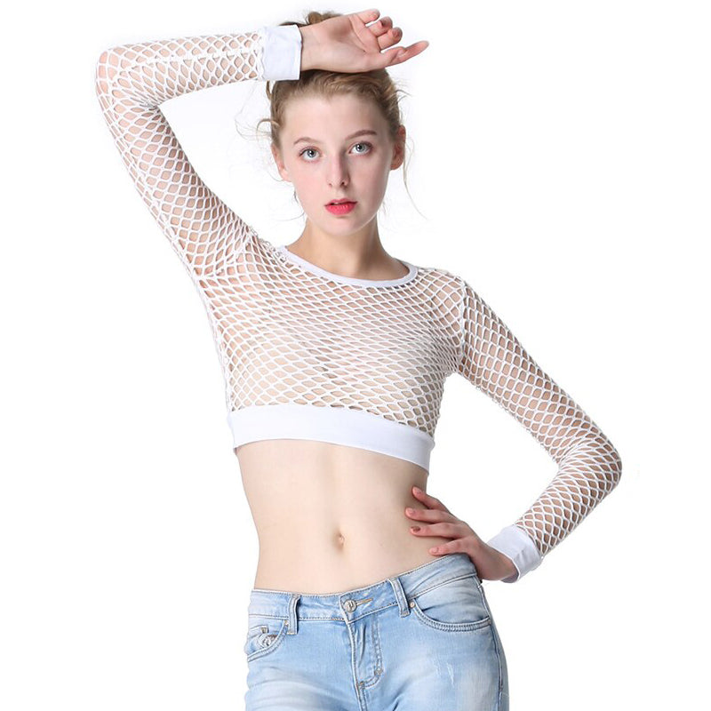 Women's white mesh fishnet long sleeve crop top, perfect for alternative rock and goth fashion.