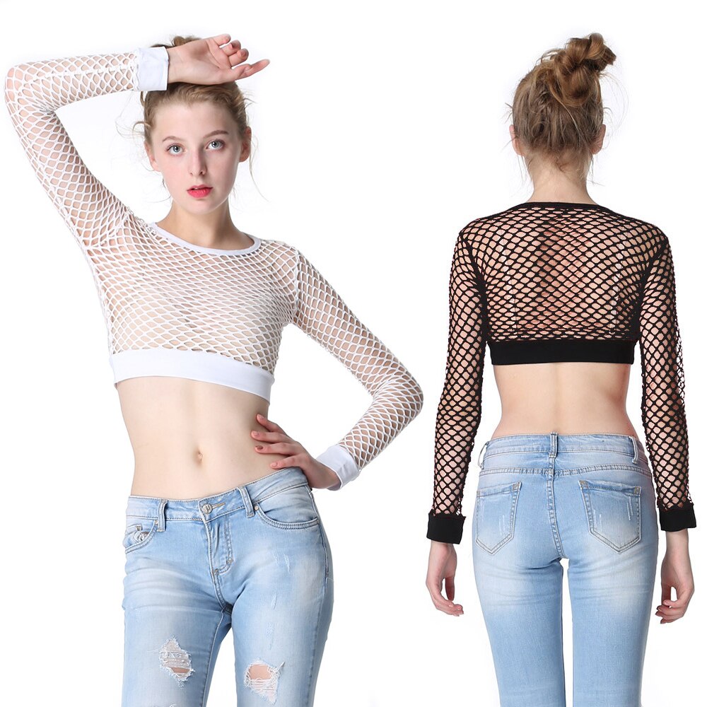 Women's mesh fishnet long sleeve crop top in white and black, perfect for alternative and goth outfits.