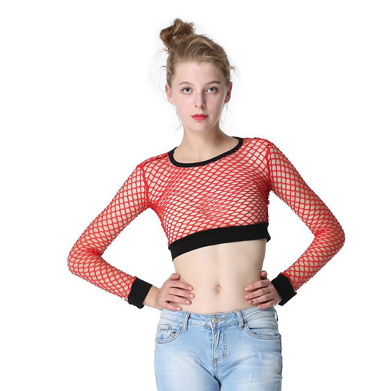 Red mesh fishnet long sleeve crop top on model styled for a rock or goth look, showcasing unique fashion design.