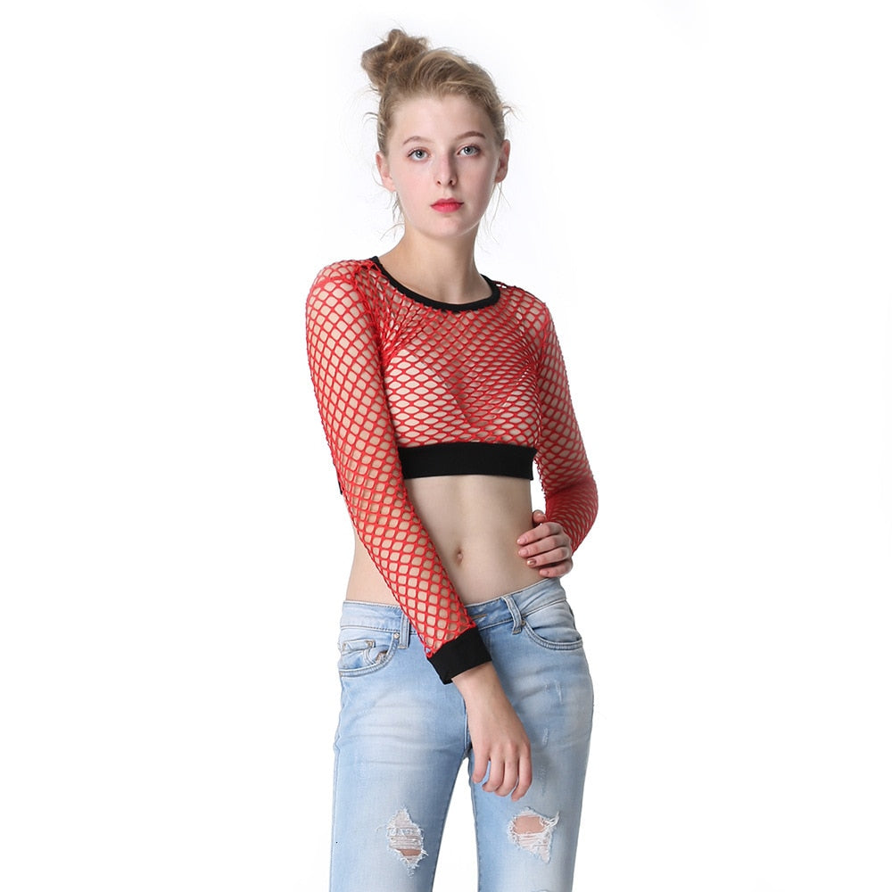 Red mesh fishnet crop top on model, featuring long sleeves and a stylish hollow out design for a trendy look.