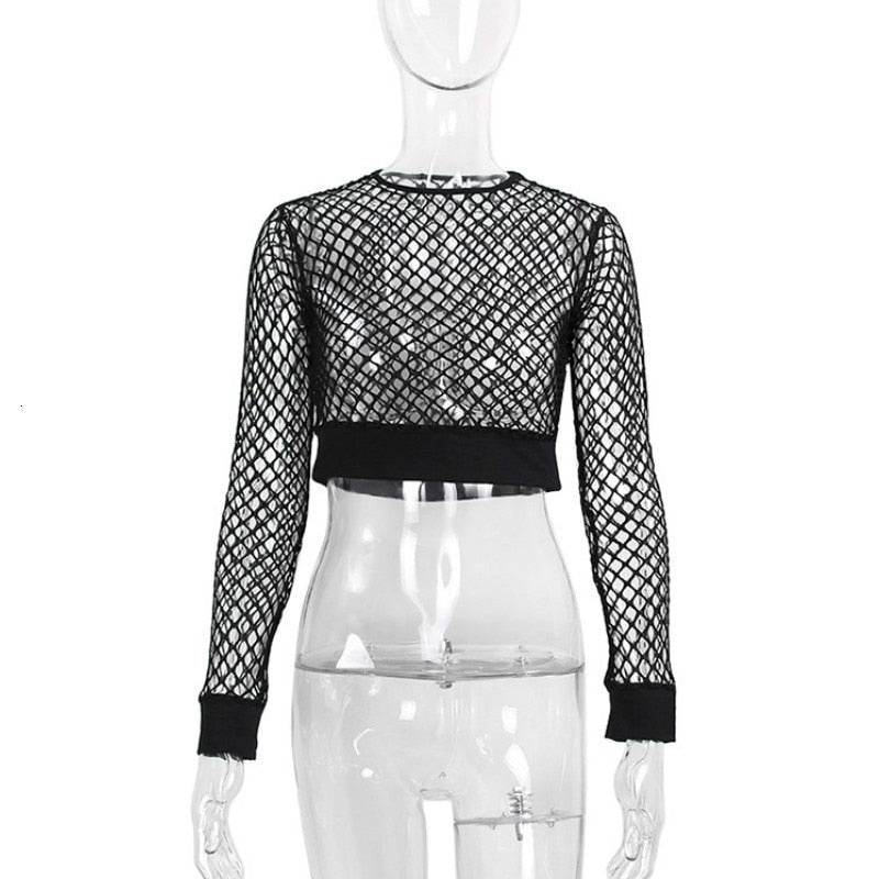 Women's black mesh long sleeve crop top, perfect for rock or goth outfits, with unique hollow out net design.