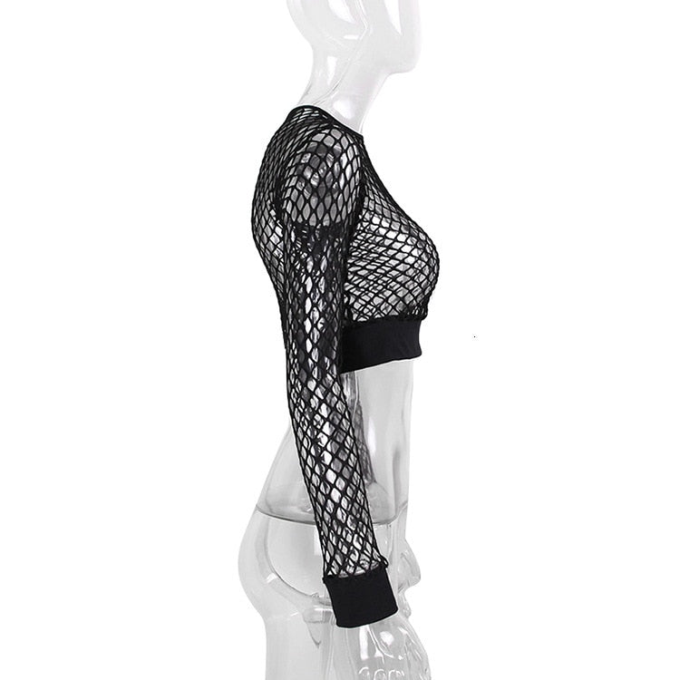 Side view of women's black mesh fishnet long sleeve crop top, perfect for rock or goth outfits.