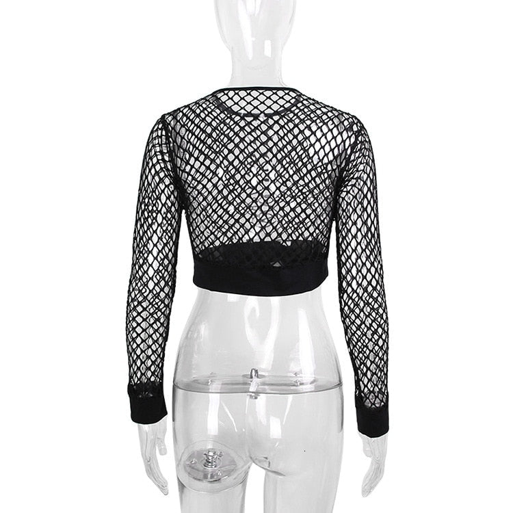 Mesh Fishnet Tops / Women's Hollow Out Net Long Sleeve Crop Top / See-Through Female Top - HARD'N'HEAVY