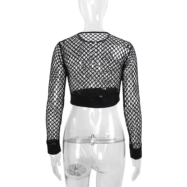 Back view of a black mesh fishnet long sleeve crop top, perfect for goth and rock styles.