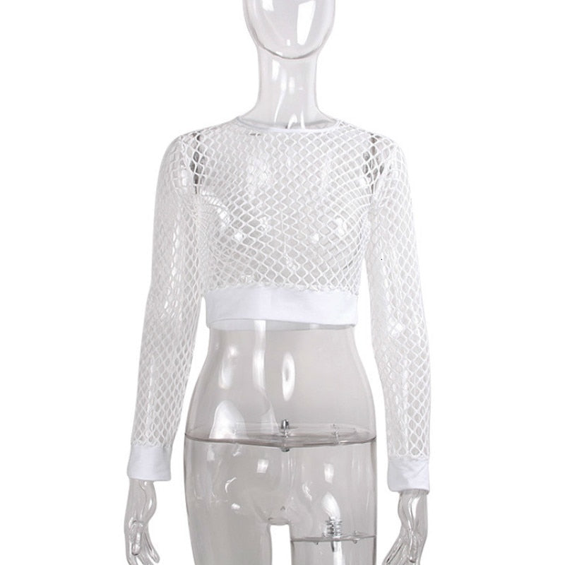 White mesh long sleeve crop top on a mannequin, perfect for alternative and goth fashion.