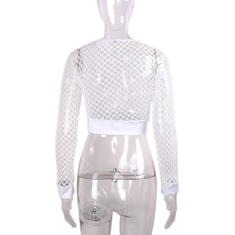 Back view of a women's white mesh fishnet long sleeve crop top, perfect for rock and goth styles.