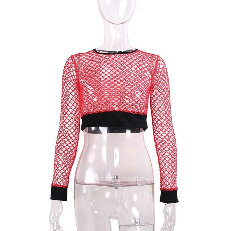 Red mesh long sleeve crop top with black trim, perfect for rock and goth outfits.
