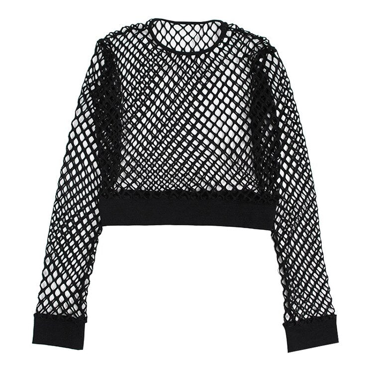 Black mesh fishnet crop top with long sleeves, perfect for rock and goth outfits, showcasing a unique hollow-out design.