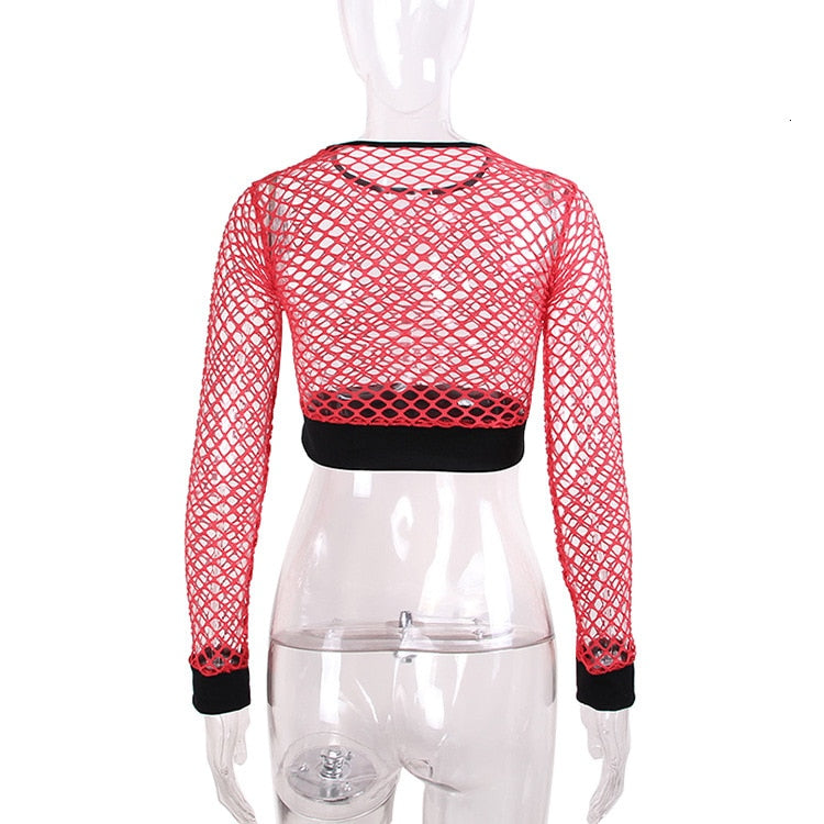 Back view of a red mesh fishnet long sleeve crop top on a mannequin, perfect for goth and alternative outfits.