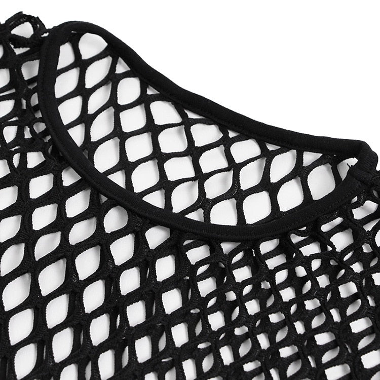 Close-up of a black mesh fishnet top with a rounded neckline showcasing a unique hollow out design.