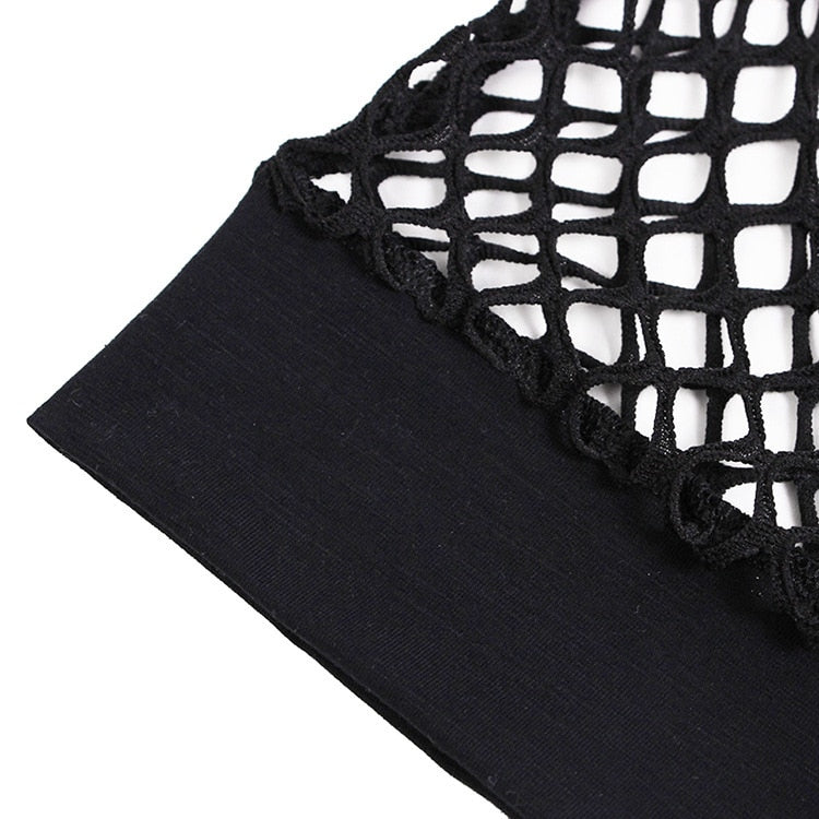 Close-up of women's mesh fishnet crop top with black band; perfect for rock or goth outfits.