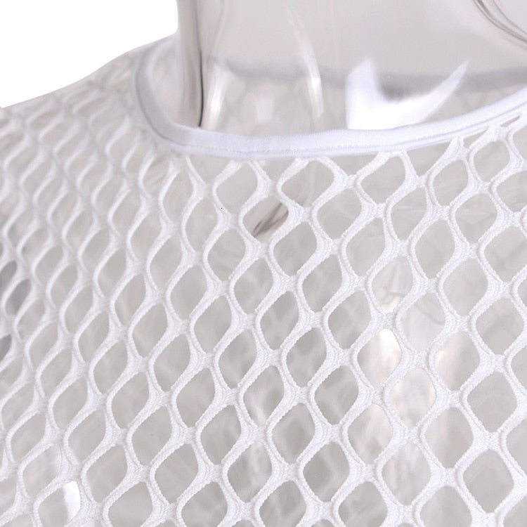 Close-up of a women's white mesh fishnet crop top showcasing the unique hollow-out design and texture.