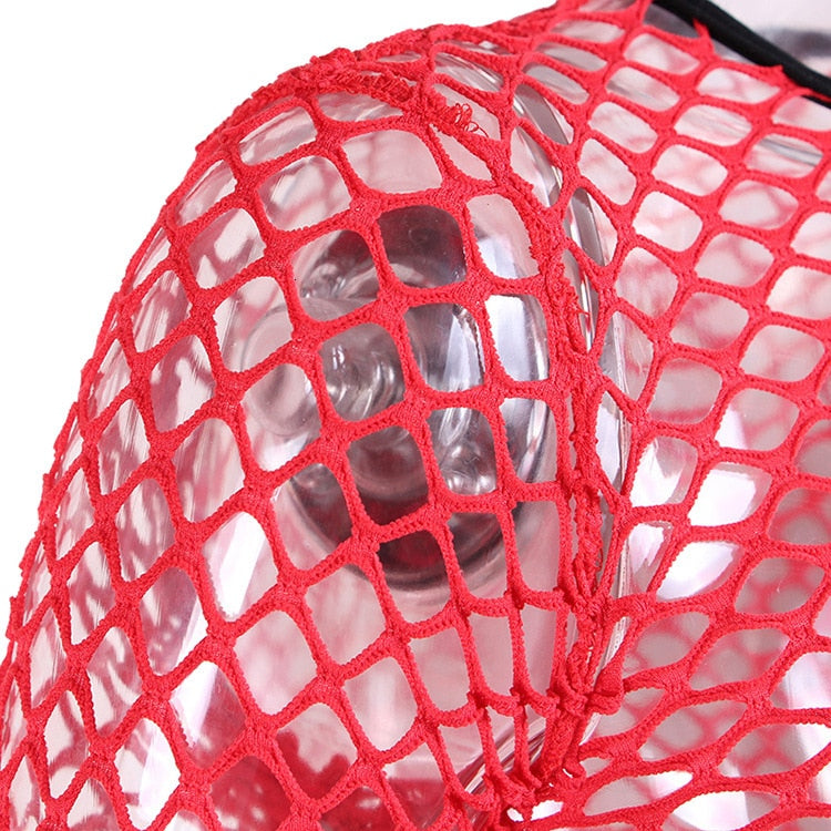 Close-up of red mesh fishnet top with hollow out design, perfect for a rock or goth outfit.
