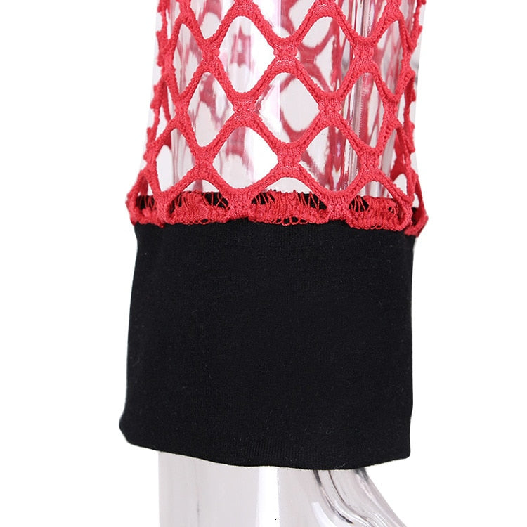 Close-up of red mesh fishnet top sleeve with black cuff, perfect for alternative and goth outfits.