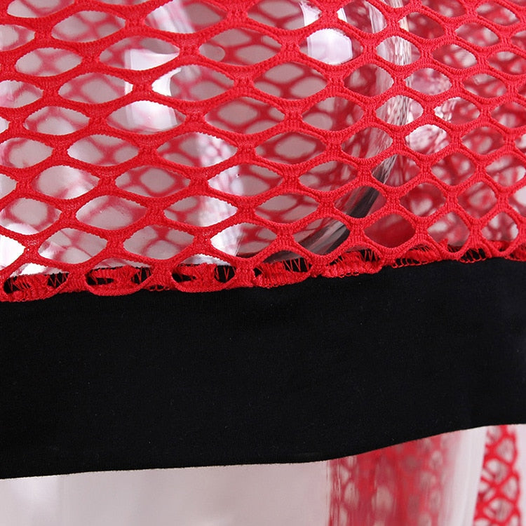 Close-up of a red mesh fishnet top with black bottom trim, perfect for goth and alternative fashion.