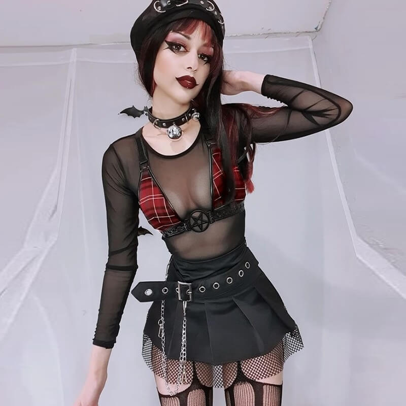 Mesh Goth See-Through Long Sleeves Top with Pentagram / Grunge Style Women's Clothing - HARD'N'HEAVY