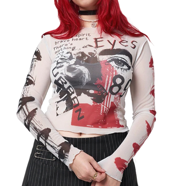 Women's mesh crop top with long sleeves, alternative style featuring bold graphic prints and a modern cut.