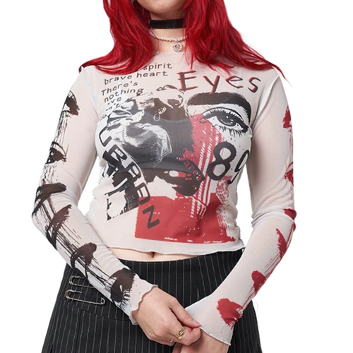 Mesh See Through Alternative Style Women's Top / Sexy Bodycon Crop Top with Long Sleeves