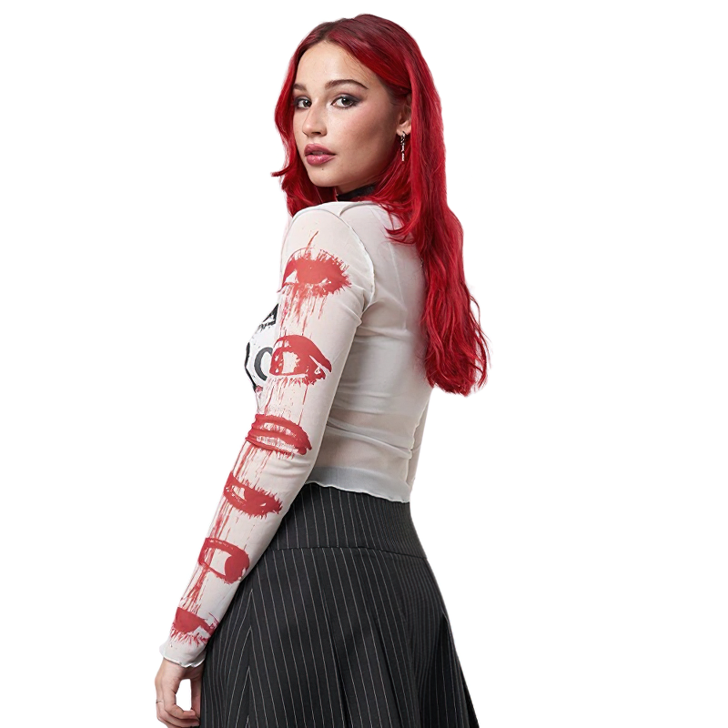 Model wearing a sexy white bodycon crop top with long sleeves and trendy lipstick prints, styled with a pleated skirt.