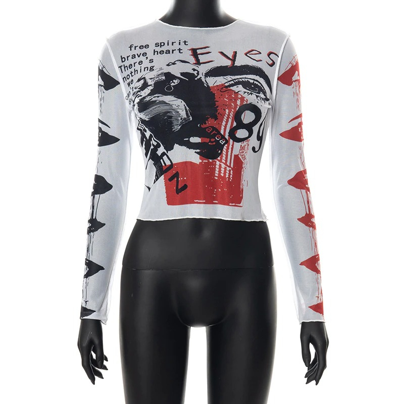 Stylish women's long sleeve crop top with alternative art design in white, black, and red colors.