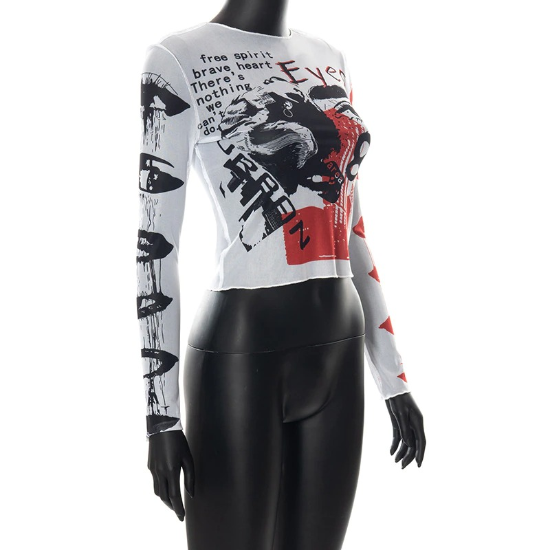 Stylish women's long sleeve crop top in alternative design with trendy graphics and modern cut.