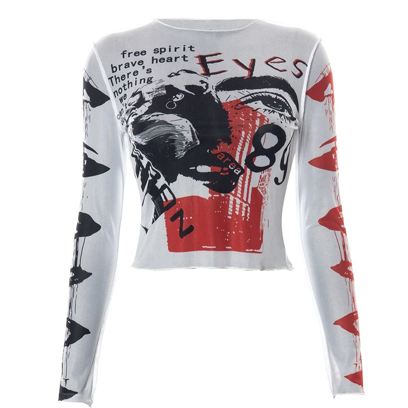 Stylish white mesh crop top featuring bold graphic print and long sleeves for an alternative fashion statement.