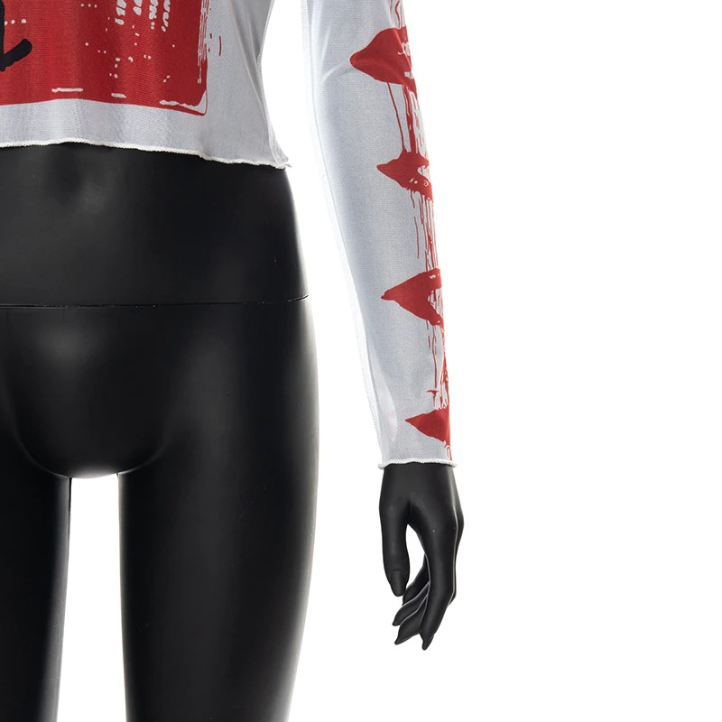 Stylish white bodycon crop top with long sleeves and red graphic design, perfect for alternative fashion lovers.