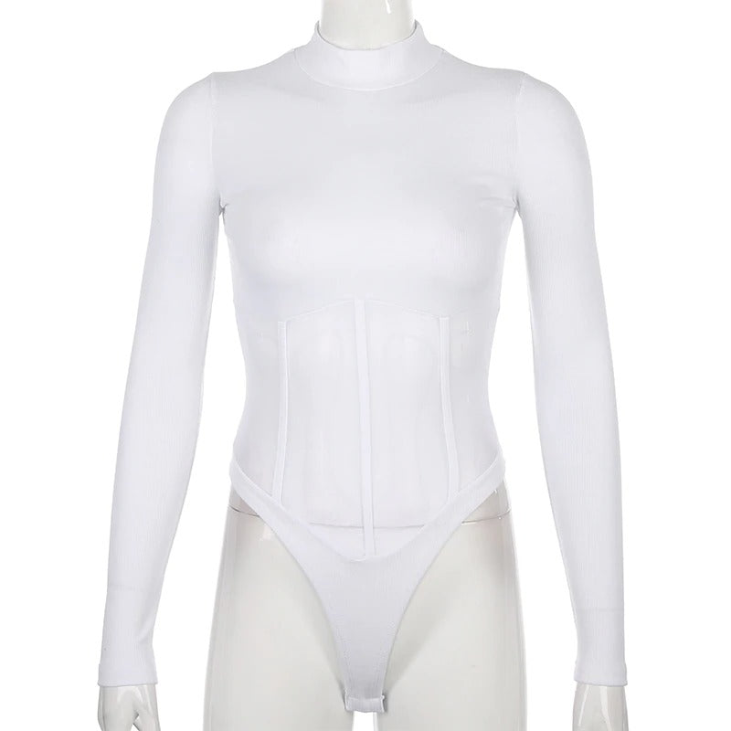 White long sleeve mesh bodysuit featuring a figure-hugging fit and see-through design for a sexy alternative style.