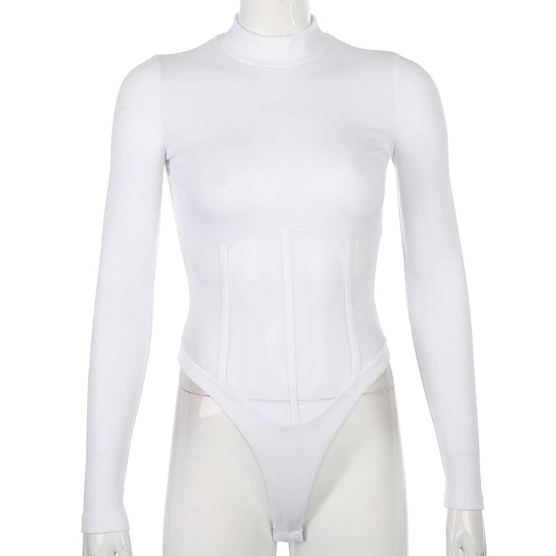 White long sleeve bodysuit with a corset style and thong design, perfect for a chic and daring look.