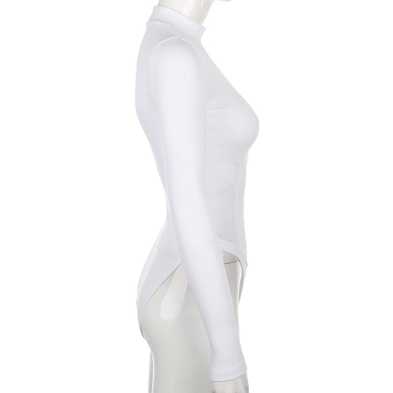 Side view of a white mesh long sleeve bodysuit showcasing a sleek, figure-hugging fit.
