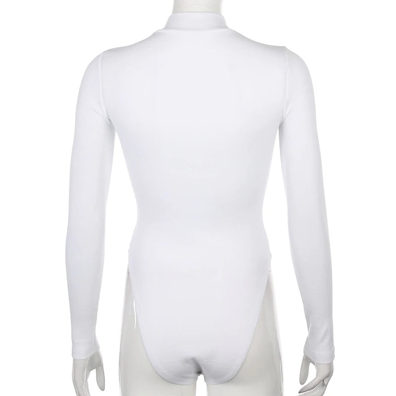 Back view of white long sleeve mesh patchwork bodysuit showcasing sleek design and figure-hugging fit.