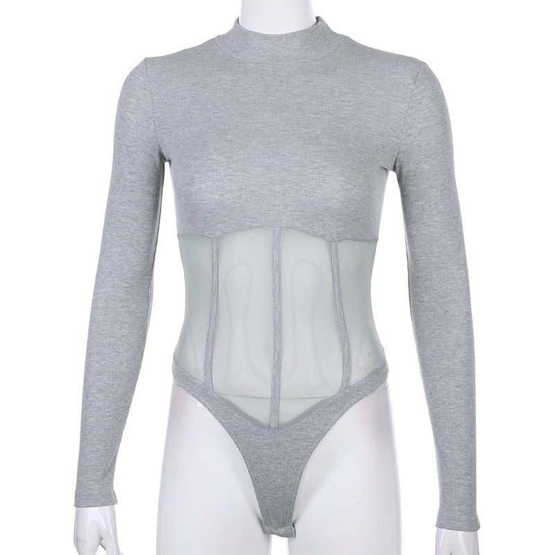 Stylish gray long sleeve mesh patchwork bodysuit for women, featuring a figure-hugging fit and see-through design.