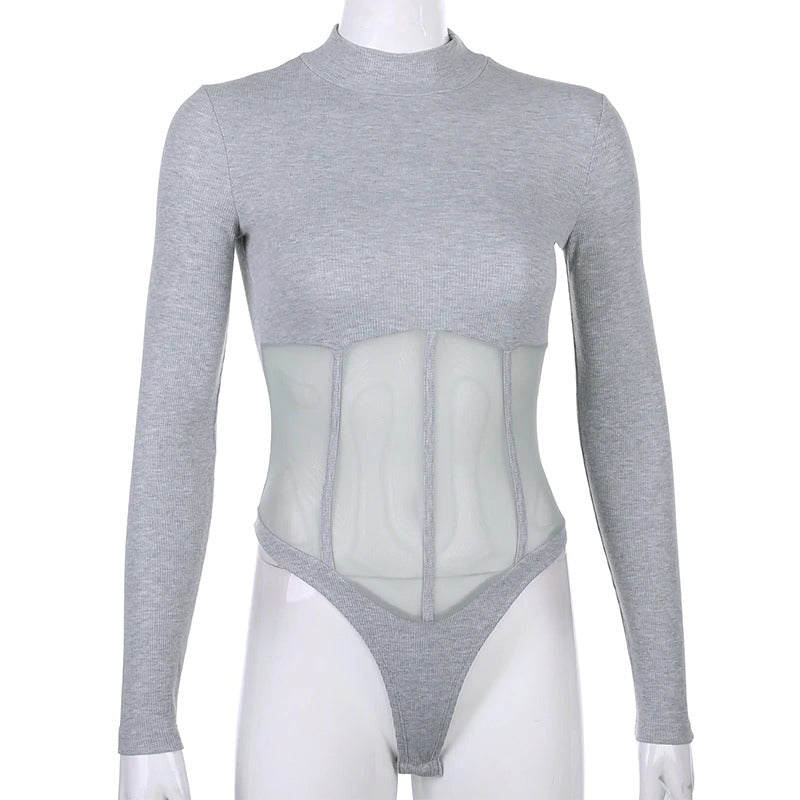 Women's see-through gray mesh patchwork bodysuit with long sleeves, highlighting a sexy silhouette.