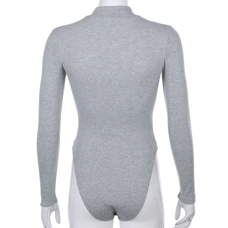 Back view of a gray long sleeve mesh bodysuit, showcasing its sleek and stylish design.
