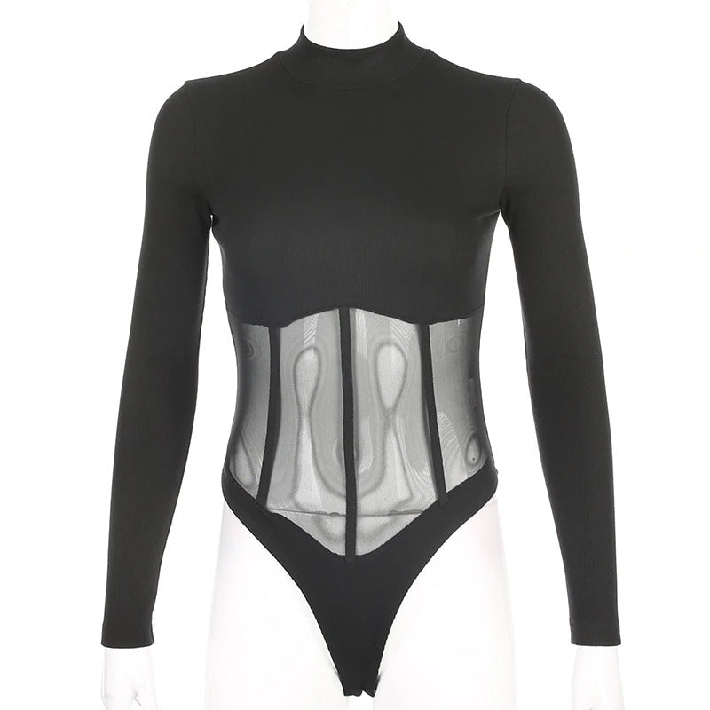 Black long sleeve mesh patchwork bodysuit with figure-hugging fit, flaunting a see-through design.