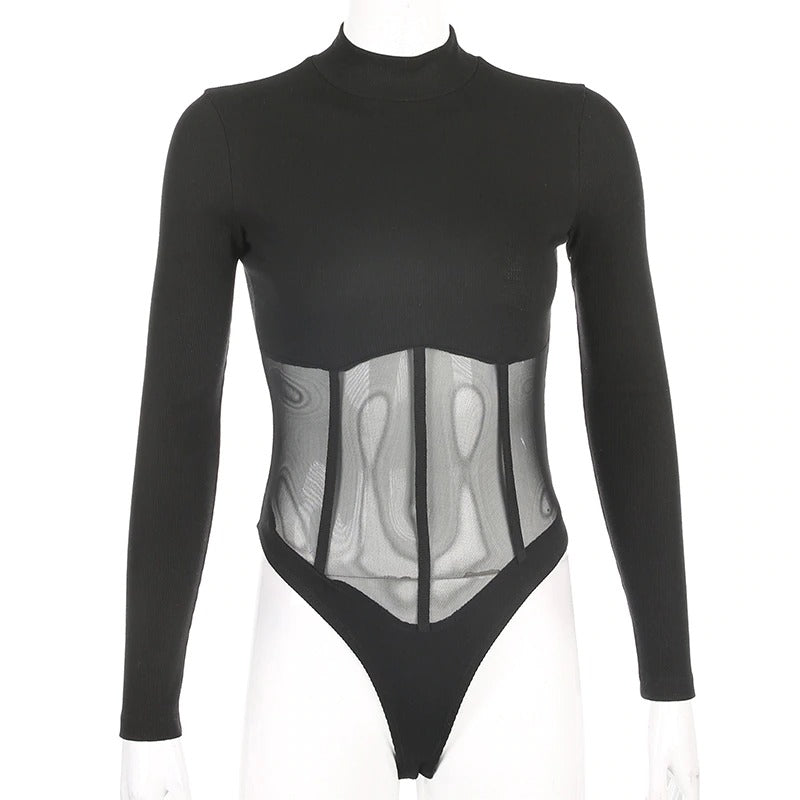 Black mesh patchwork long sleeve bodysuit showcasing a sexy silhouette and see-through design for alternative style.